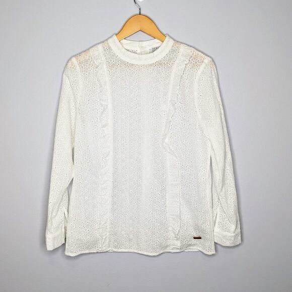 Sonya Sidd White Eyelet Button Back Ruffle Top L - Picture 1 of 9